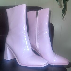 Patent Leather Mid-Calf Block Heel Boots - Light Pink